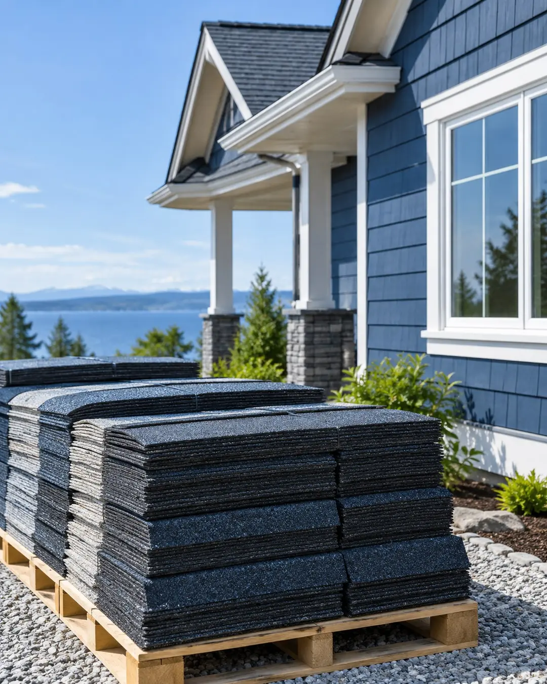 Clean roofing work area with unbranded materials beside a home