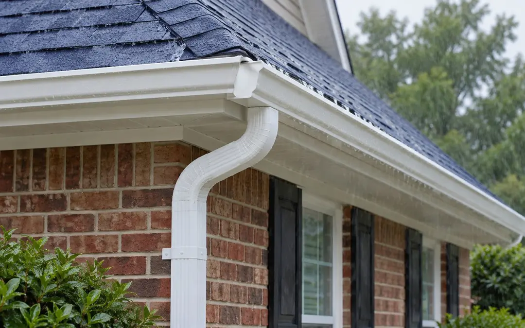White gutter and downspout carrying rain from a brick home