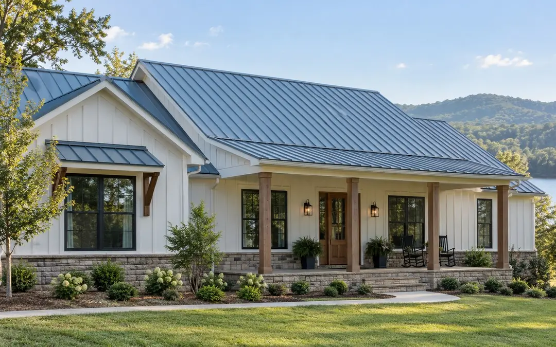 Blue-gray standing seam metal roof on a Tennessee farmhouse