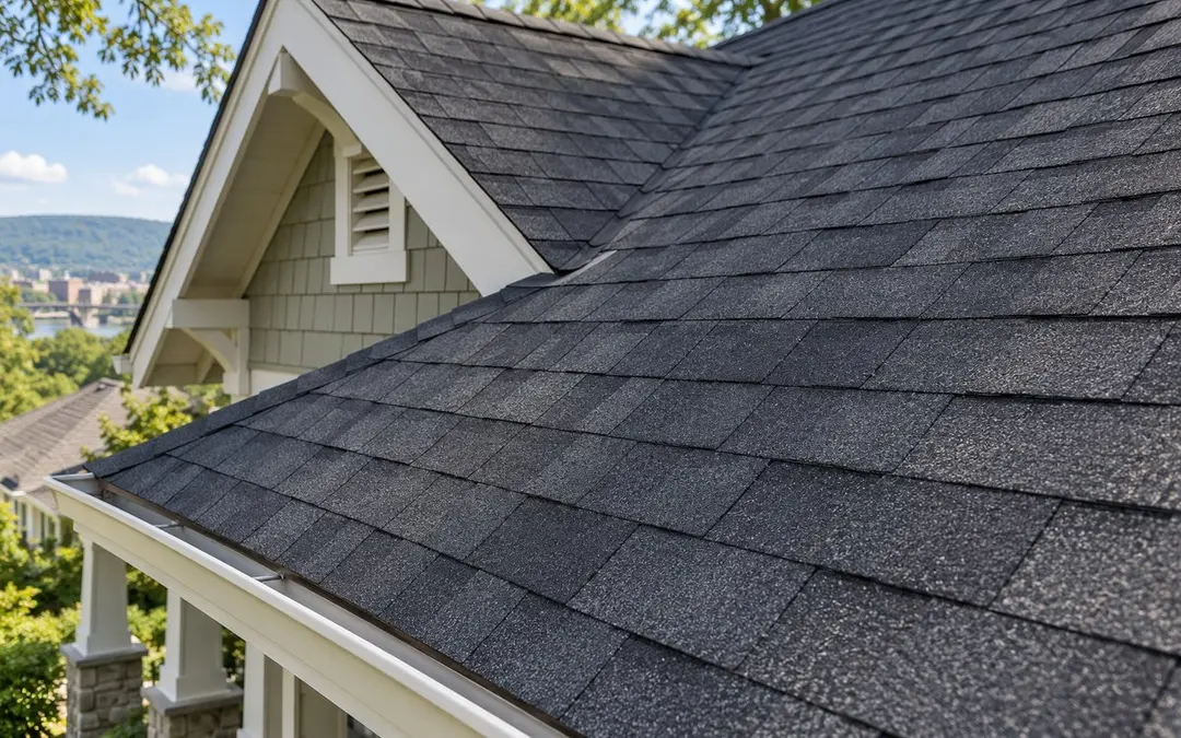 Dark asphalt shingles on a residential roof