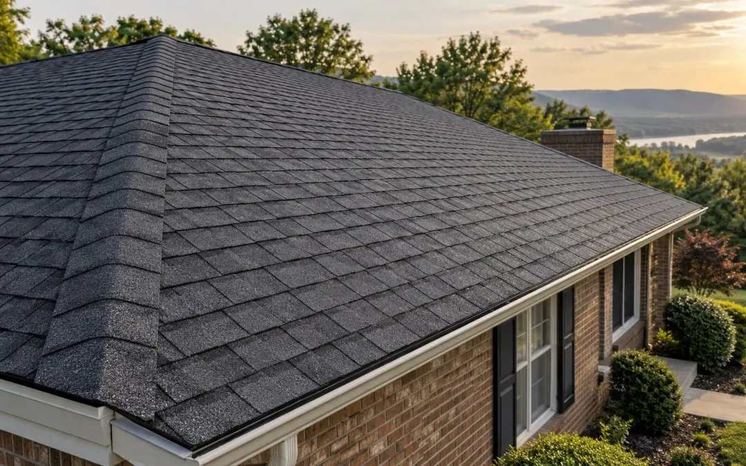 Charcoal shingles and ridge cap on a brick home