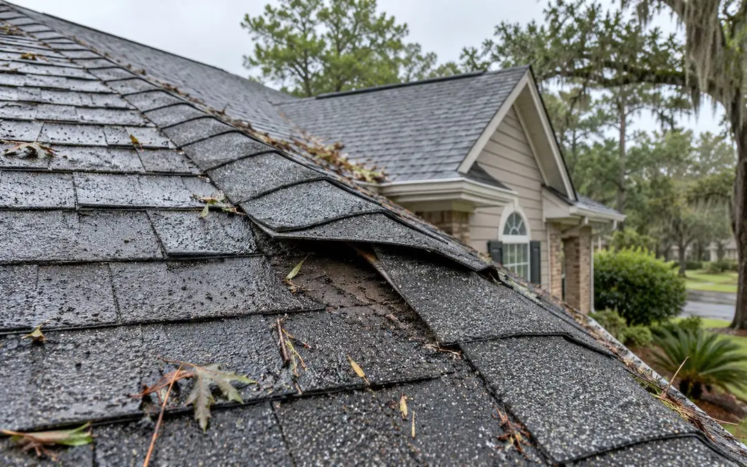 Wind-lifted shingles on a roof after rain