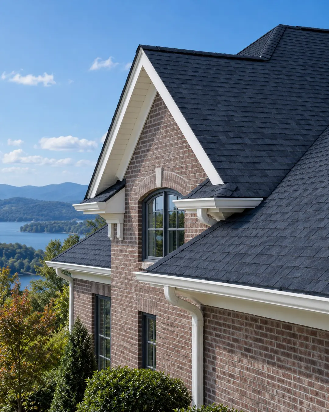 Completed roof and gutter details on a Tennessee brick home