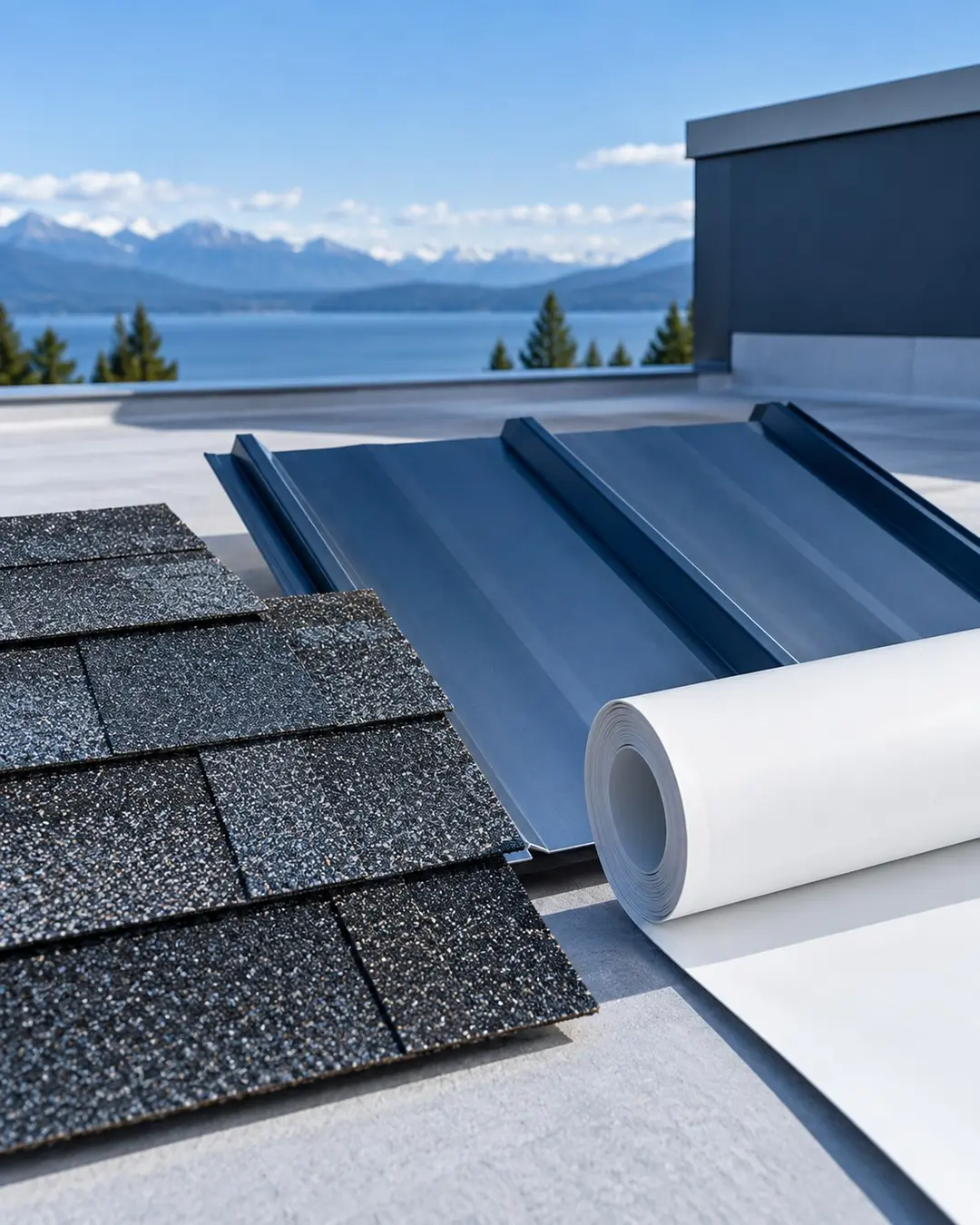 Roofing material samples arranged at a clean job site
