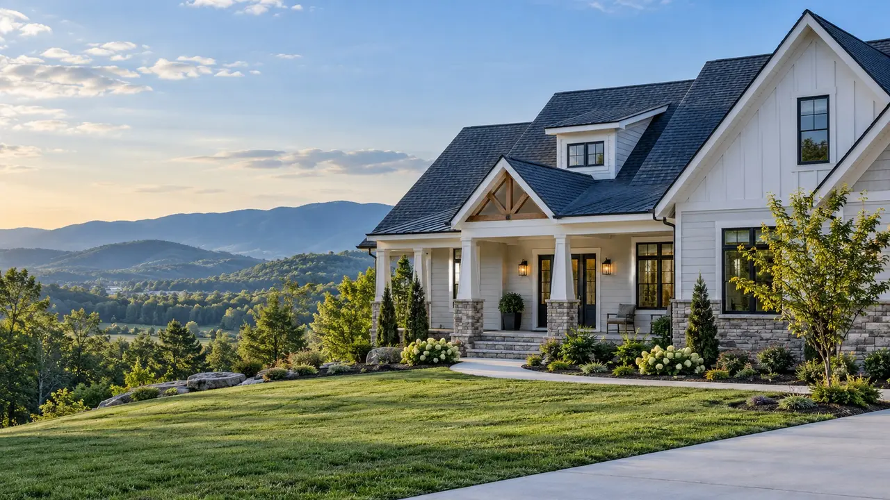 Blue-gray roof on a home amid wooded Tennessee foothills