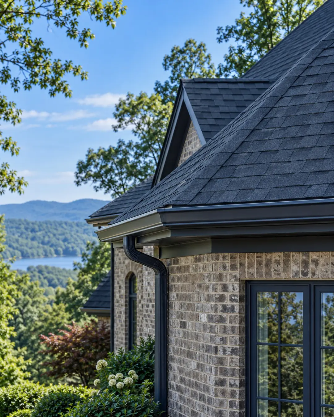 Charcoal shingle roof and gutters on a brick North Georgia home