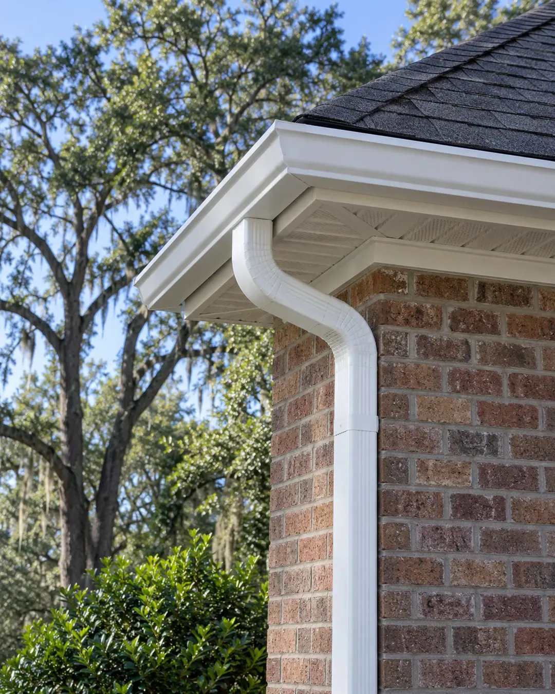 Close view of clean white gutter and downspout
