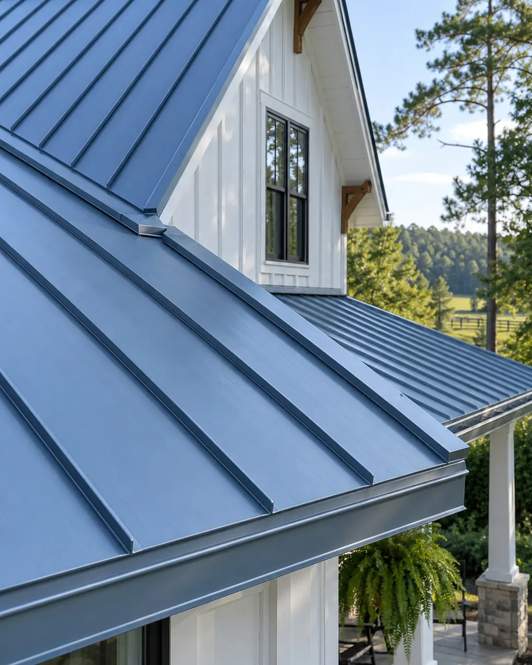 Close view of blue standing seam metal roof panels