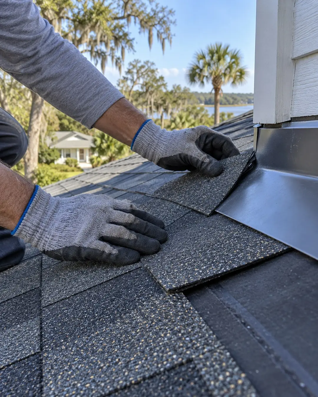 Close view of shingle and flashing repair on a pitched roof