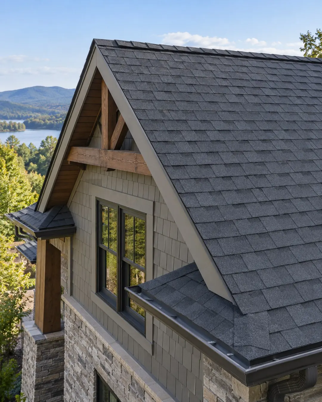 Close view of new charcoal shingles and ridge cap