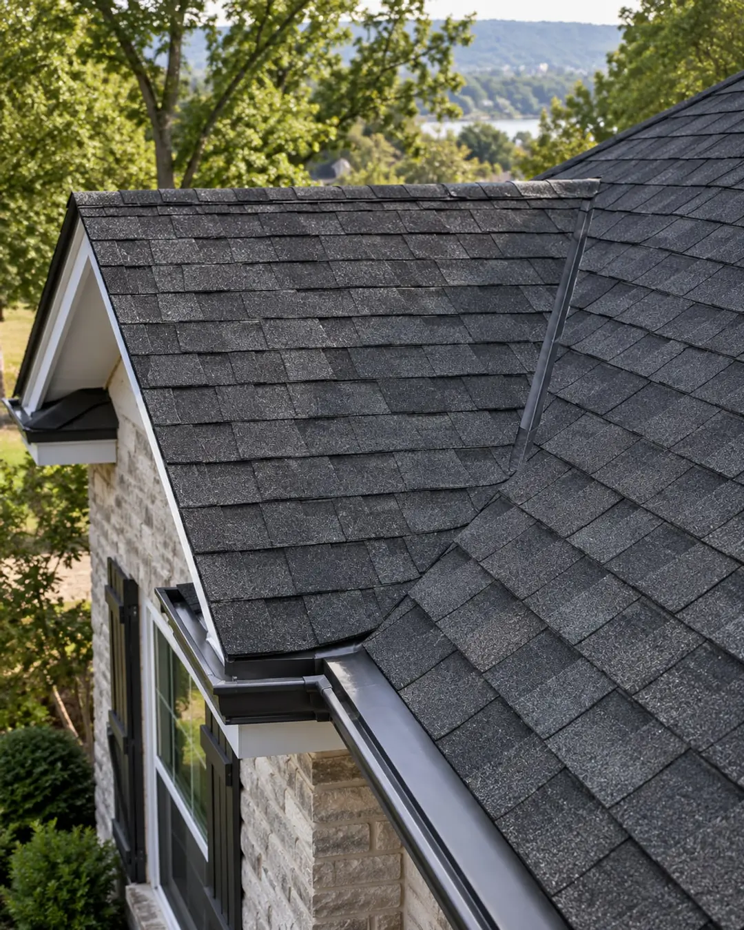 Charcoal shingle roof, valley, and gutter on a home