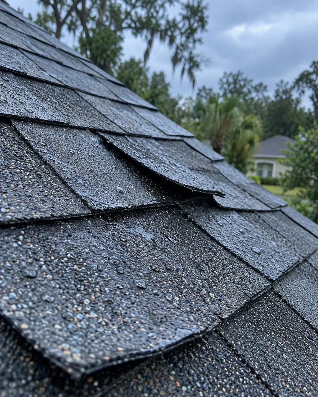 Close view of wind-creased shingles with raindrops