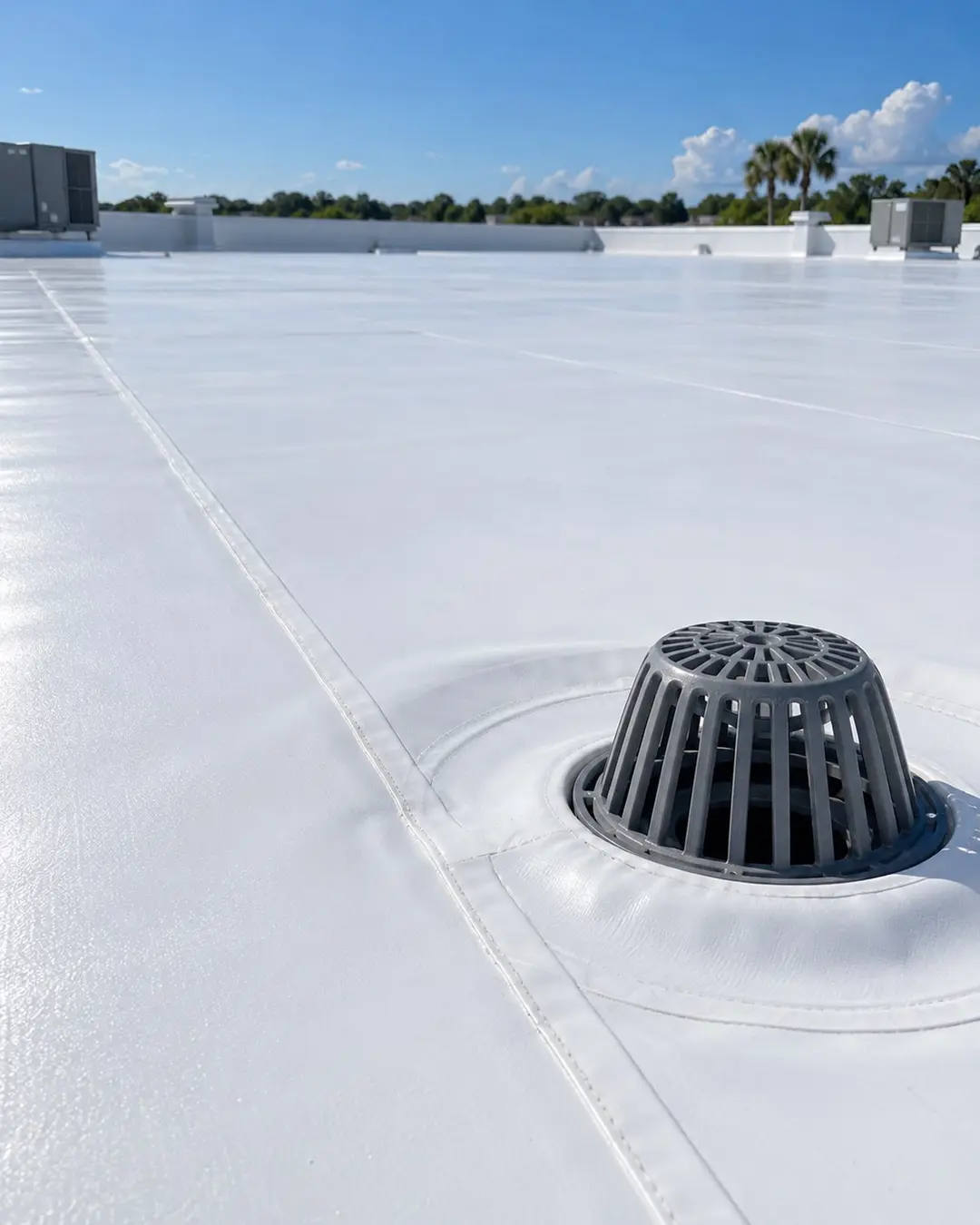 Close view of white TPO roof membrane seam and drain