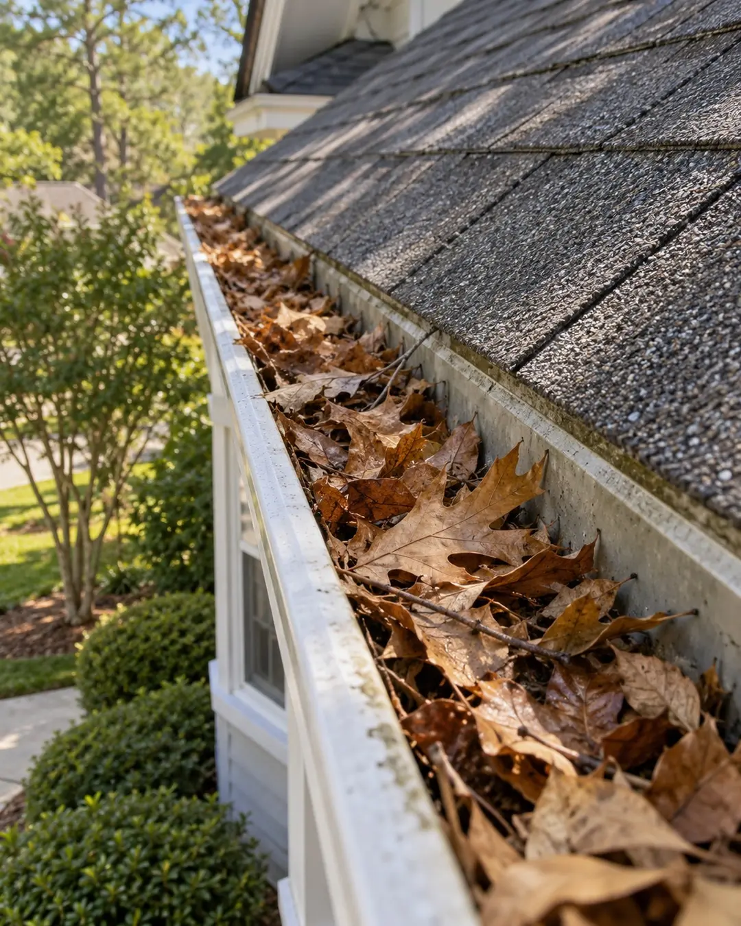 Leaves collected in a gutter along a roof edge