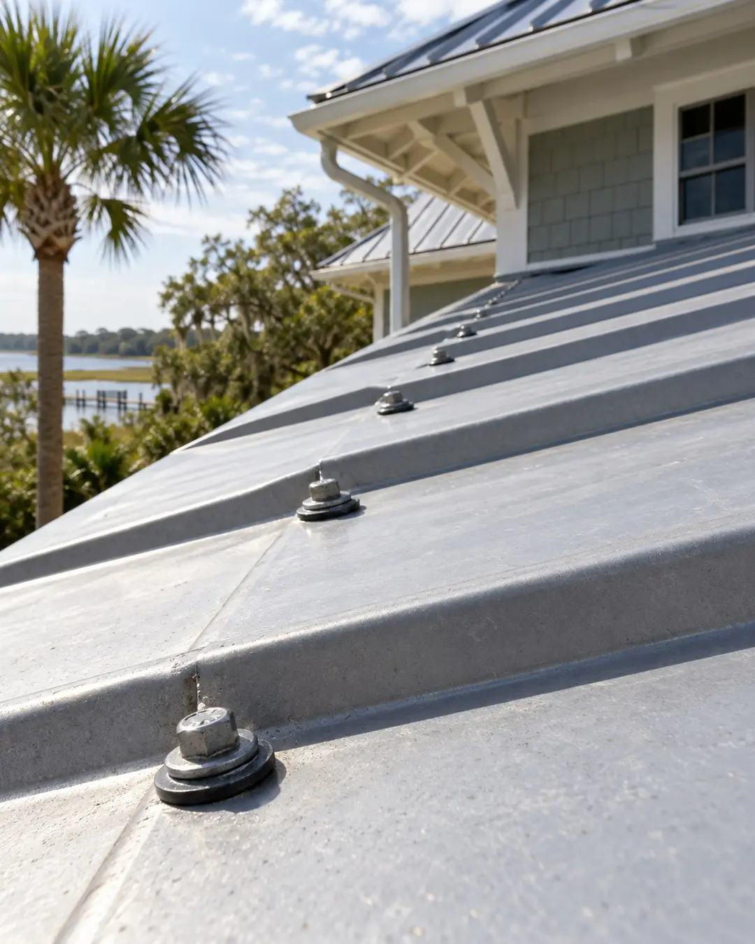 Metal roof panels and fasteners shown in close detail