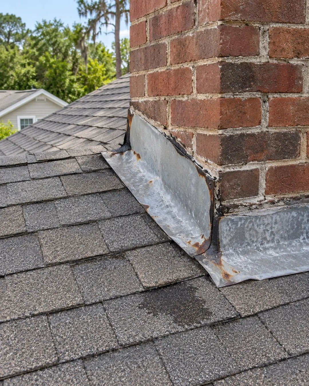 Worn flashing beside a chimney on an asphalt roof