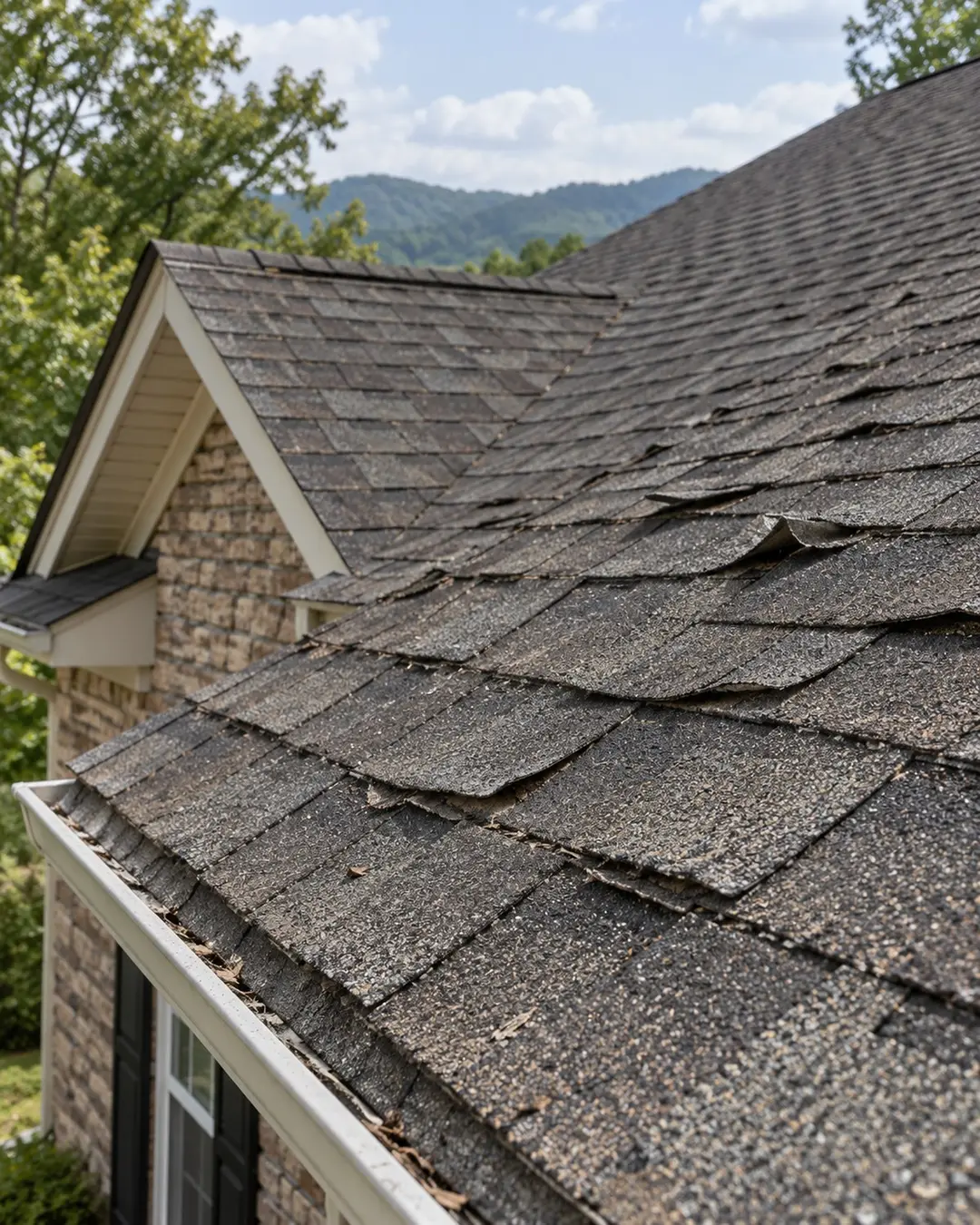 Weathered, curling shingles on an older residential roof