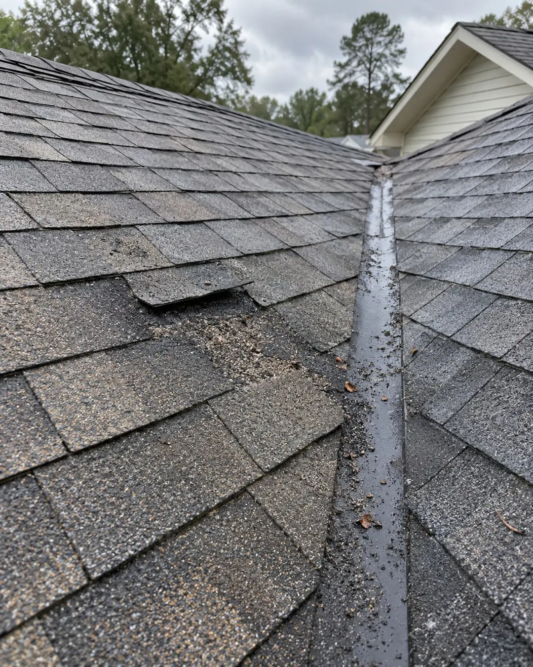 Weathered shingles with a lifted edge and loose granules beside a roof valley