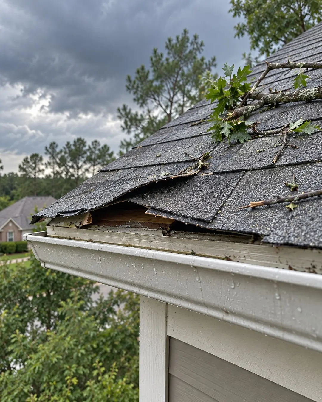 Small branches and shingle damage on a roof after a storm