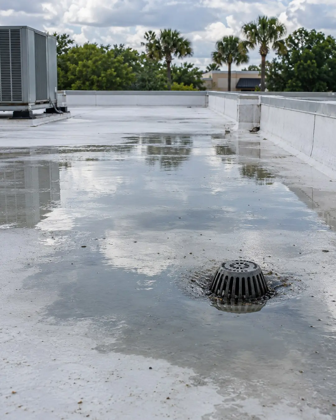 Ponded rainwater near a drain on a low-slope white roof